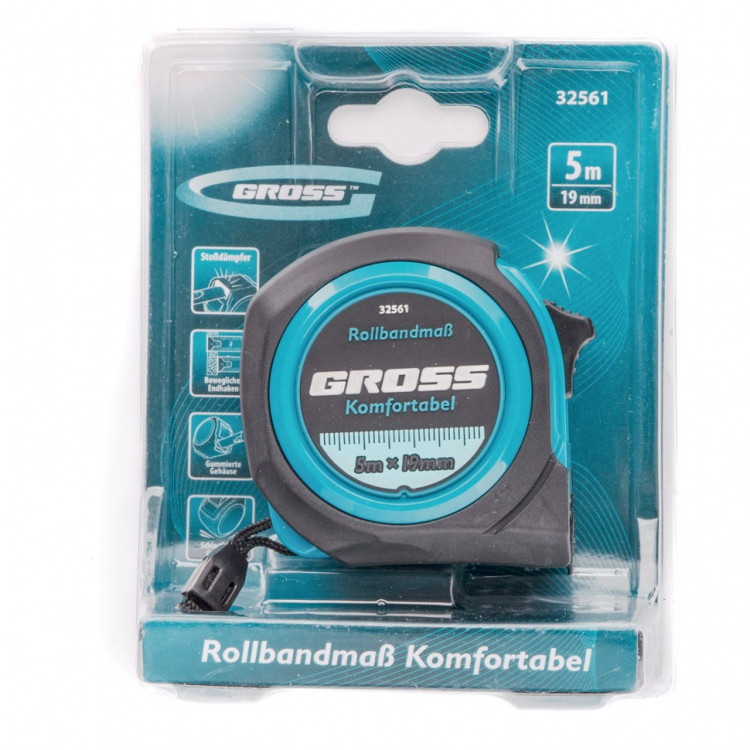 Рулетка Komfortabel 5 м х 19 мм, обрезиненный корпус Gross