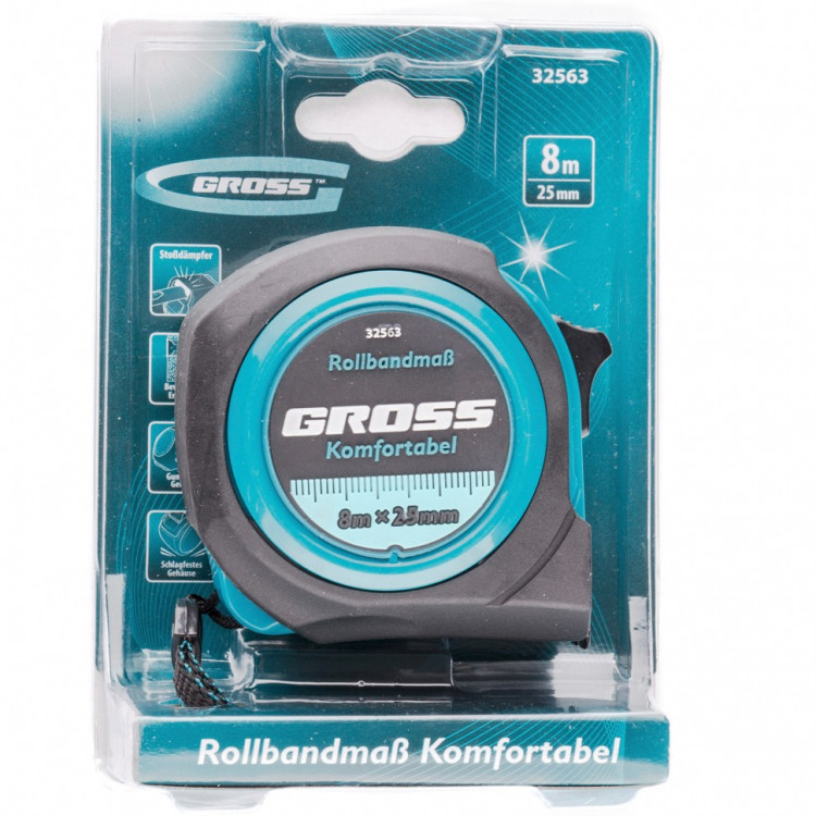 Рулетка Komfortabel 8 м х 25 мм, обрезиненный корпус Gross