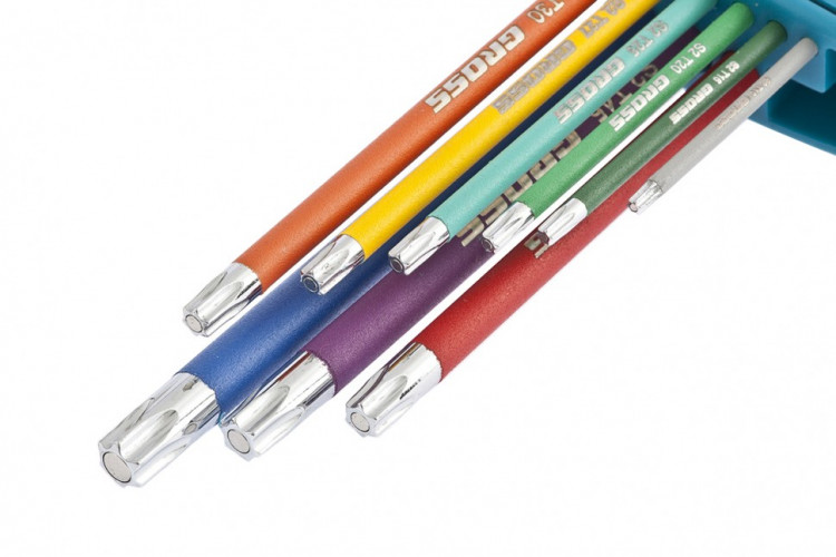 Набор ключей имбусовых TORX-TT, 9 шт: T10-T50, магнит, S2, экстра-длинные, хром/краска 9 шт Gross