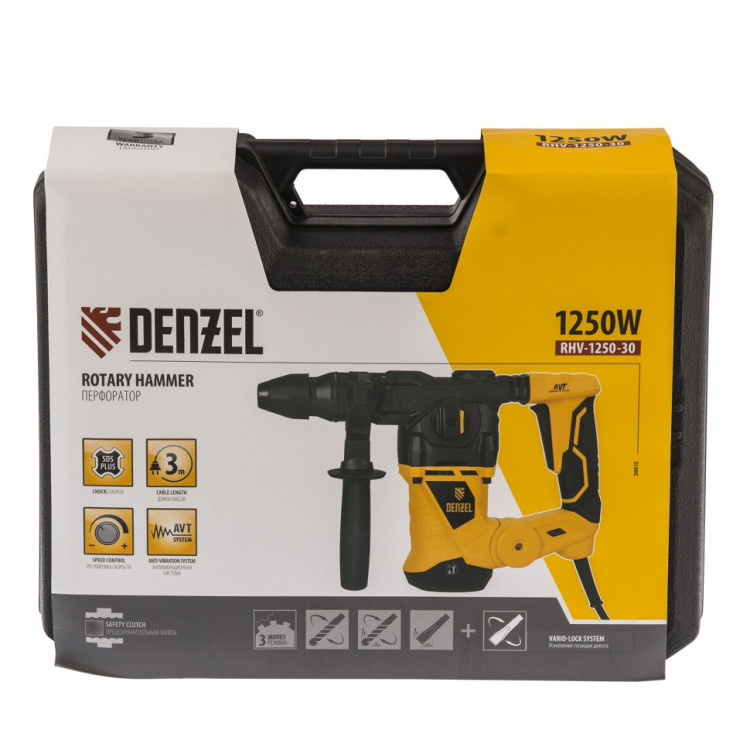 Перфоратор электрический RHV-1250-30, SDS-plus, 1250 Вт, 5 Дж, 3 плюс 1 режим Denzel