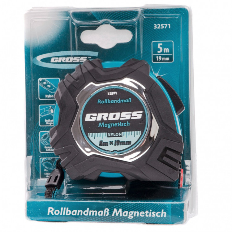Рулетка Magnetisch 5 м х 19 мм, обрезиненный корпус, автоматическая фиксация, Нейлоновое покрытиеытие, зацеп с магнитом Gross